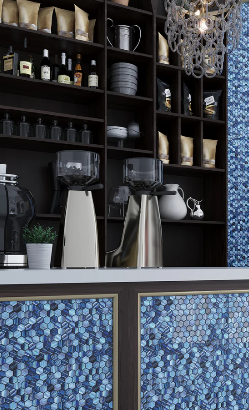 Black cubby shelving with blue hexagon mosaic tile panel and modern coffee equipment