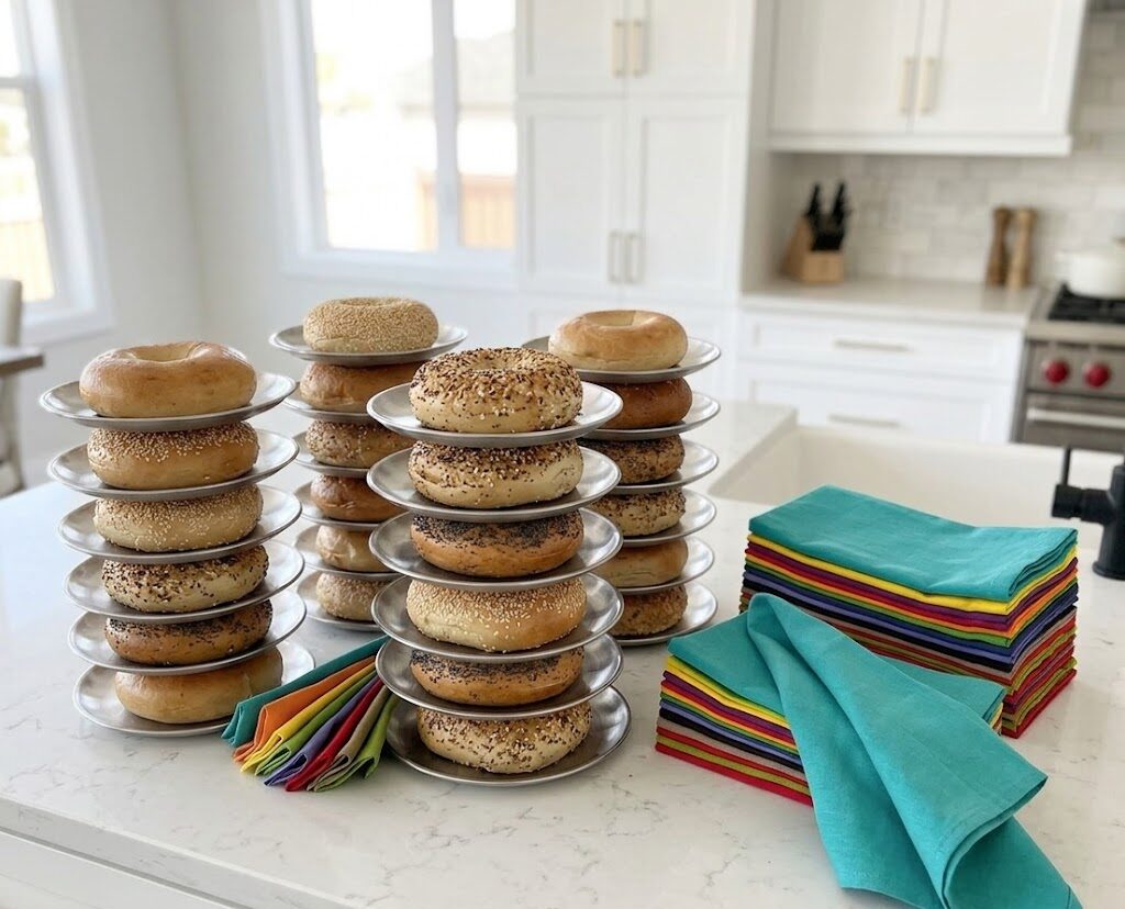 Multiple bagel towers with plates stacked between bagels, colorful napkins visible