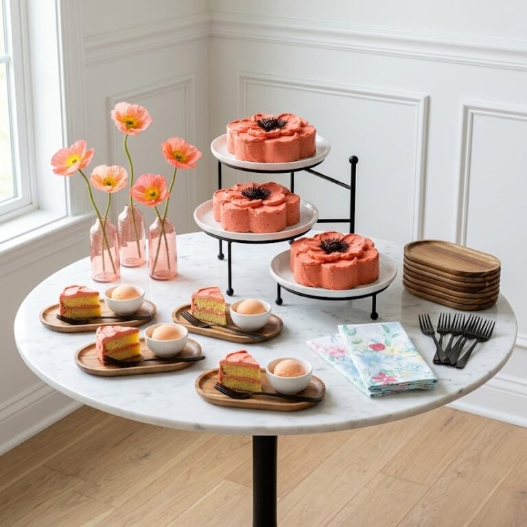 Full cake bar station with tiered stand, poppy cakes, plated servings, organization