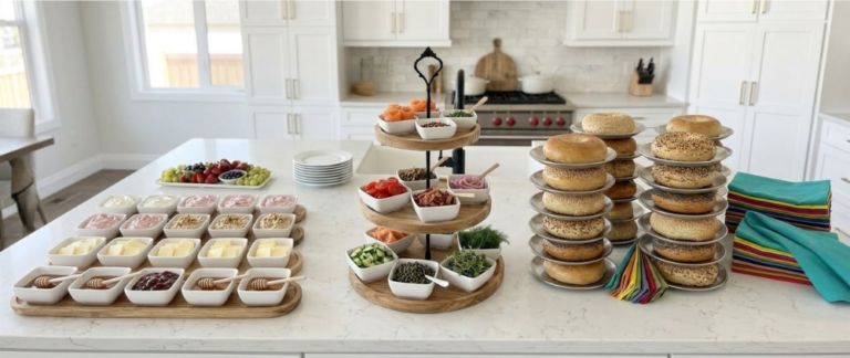 Complete bagel bar setup on marble kitchen island showing sweet toppings trays, savory tiered stand, bagel towers, and colorful napkins