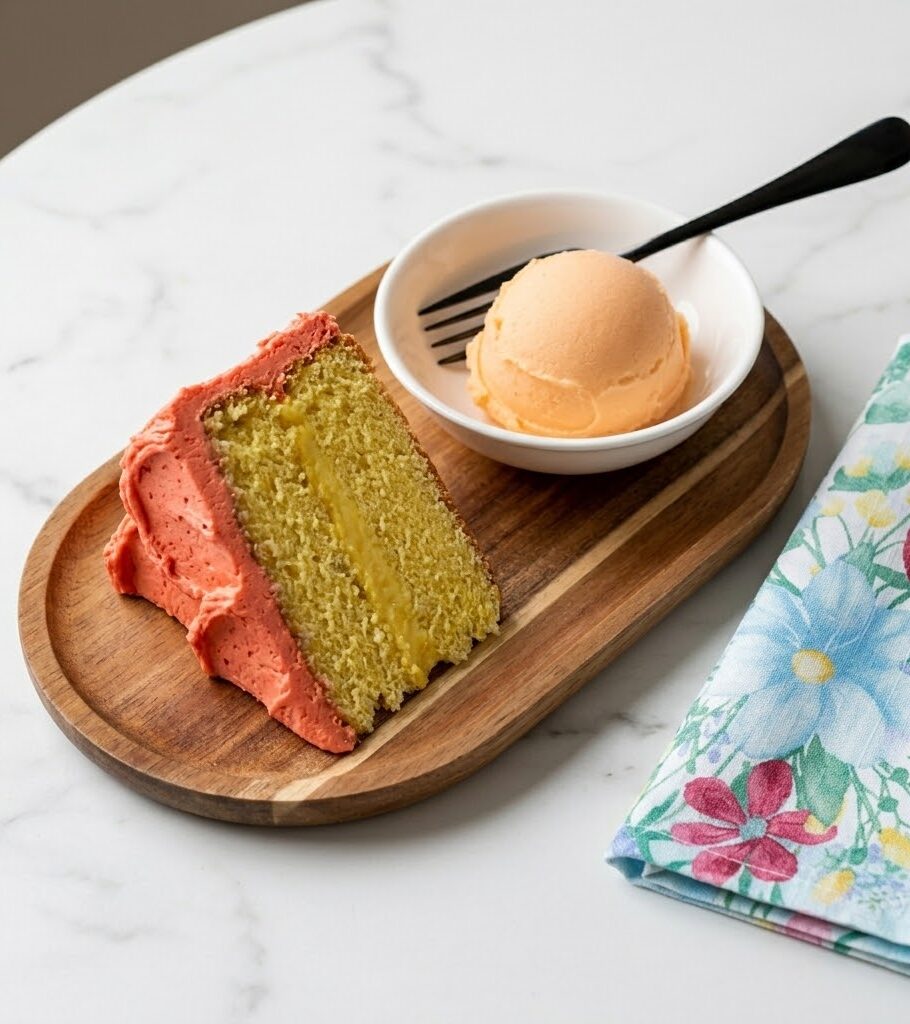  Close-up of wood plate with cake slice, sorbet bowl, fork, and wildflower napkin