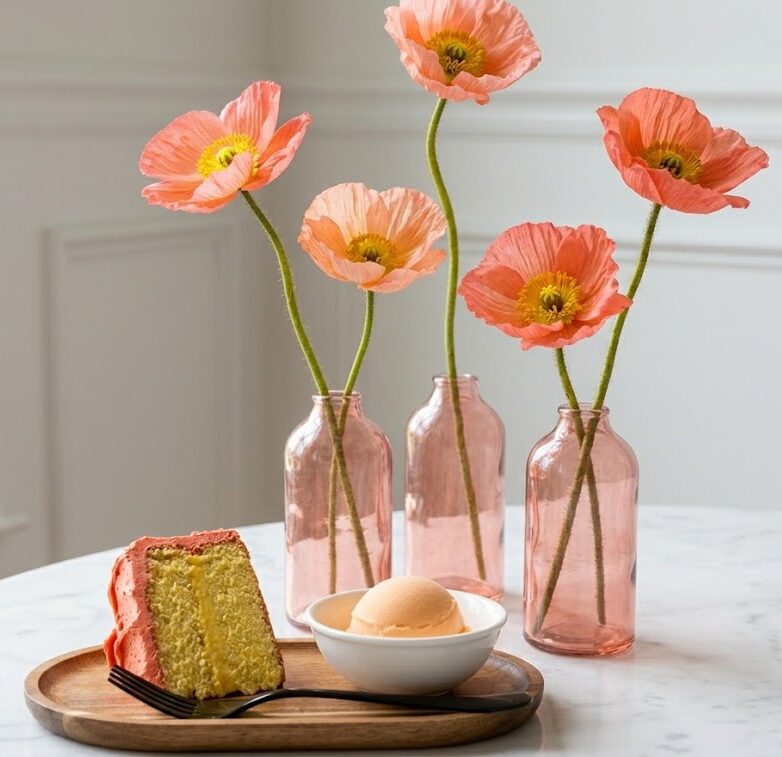 Individual plated serving with fresh poppy vases in background