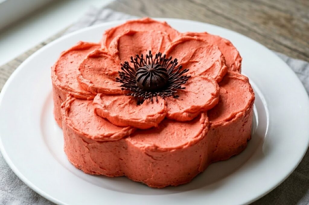 Close-up of single coral poppy cake showing petal detail and black center