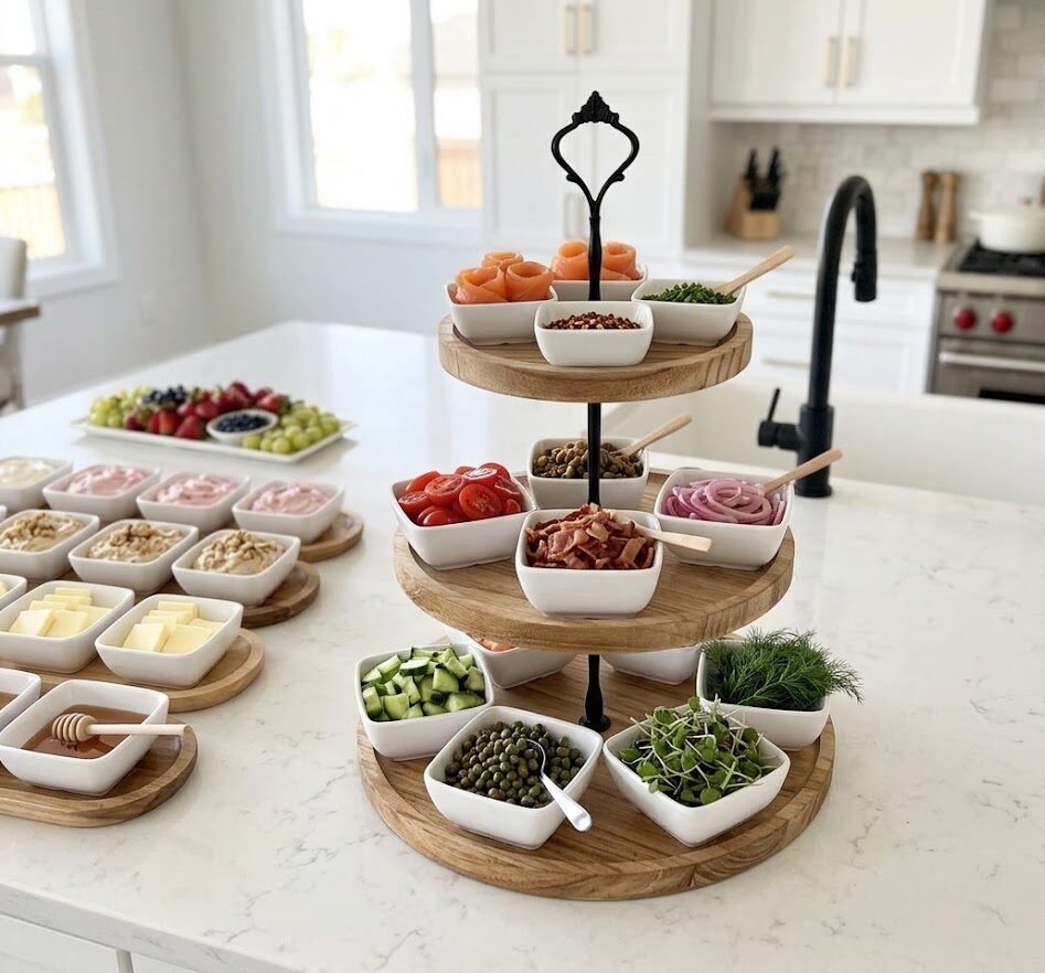 Three-tier wood stand with savory toppings in white bowls, sweet toppings trays visible on left