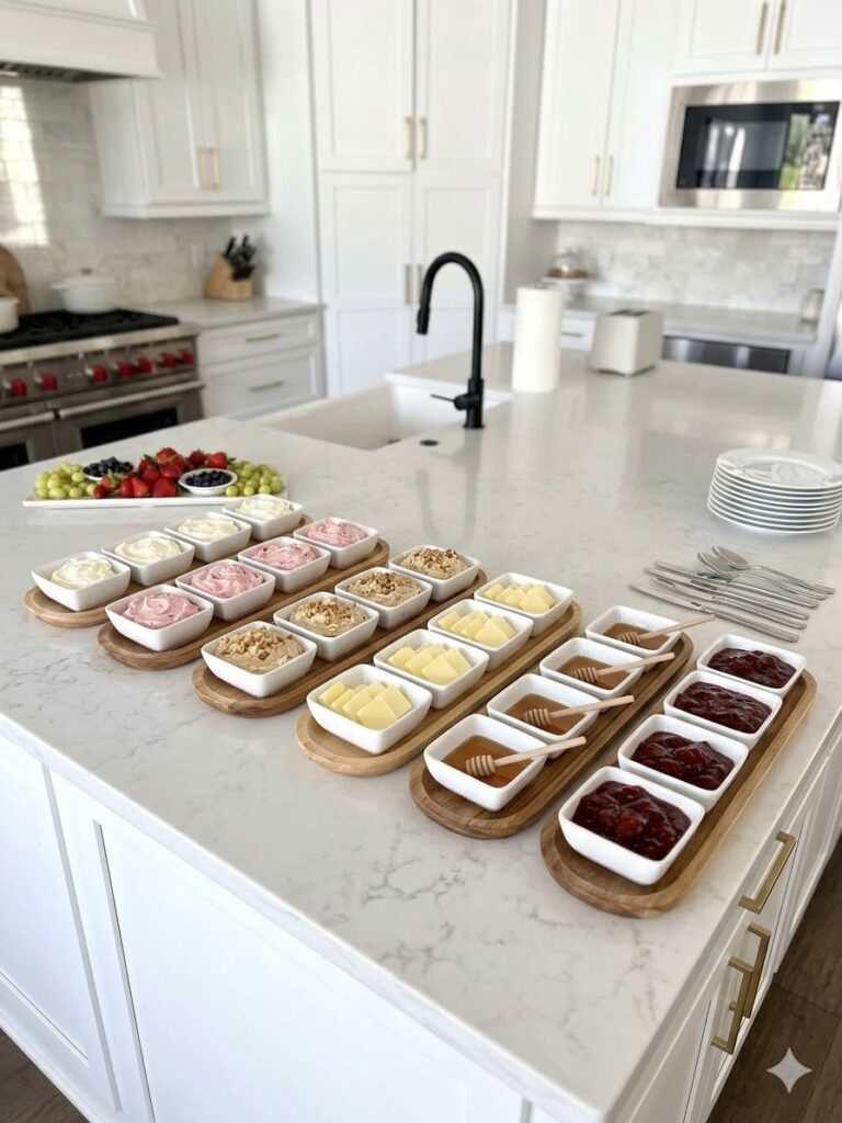 Six wood trays with sweet toppings in individual white bowls on marble counter