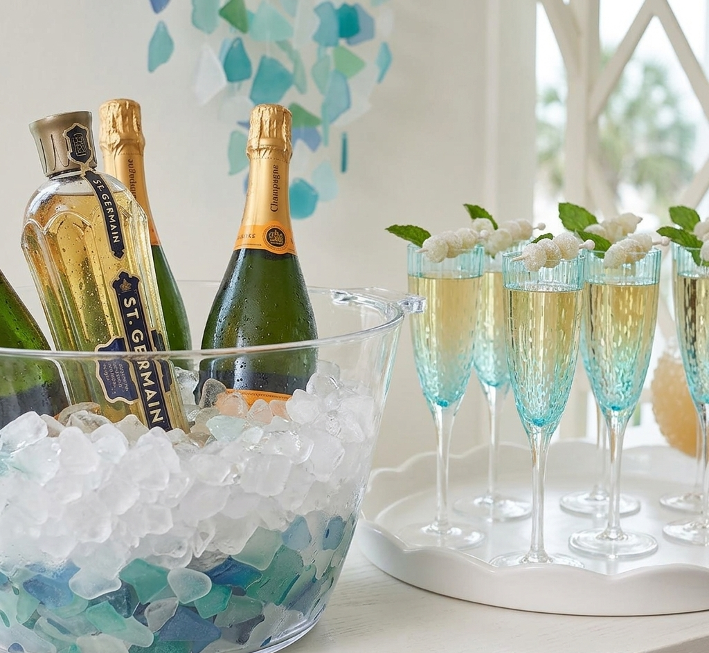 Ice bucket close-up with sea glass pebbles and champagne bottles