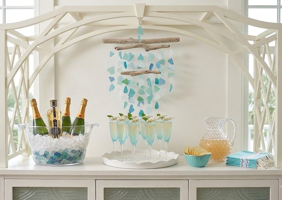 mimosa bar with sea glass decor